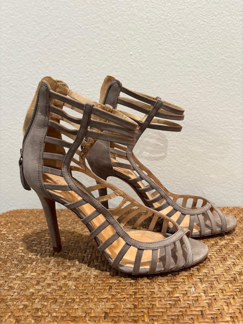 Schutz Taupe Strappy Cage High Heel Sandals
